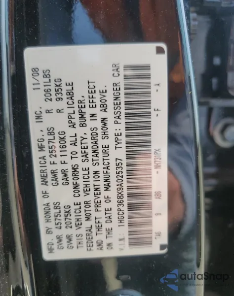 2009 Honda Accord Exl z USA, uszkodzony, nr VIN 1HGCP368X9A025357
